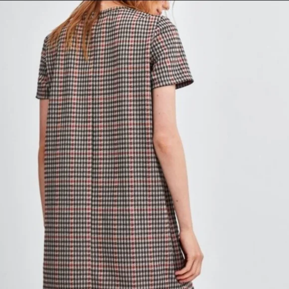 Zara Houndstooth Trafaluc Brown Black Red SHIFT Dress Size Small Polyester - Picture 4 of 16